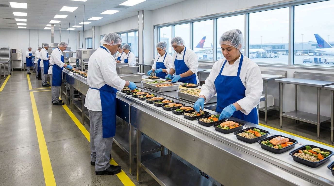 Chefs plating fresh meals on the line at Borenstein's flight kitchen near JFK