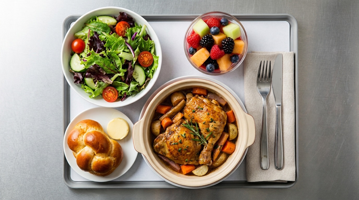Overhead view of a freshly composed Borenstein meal tray